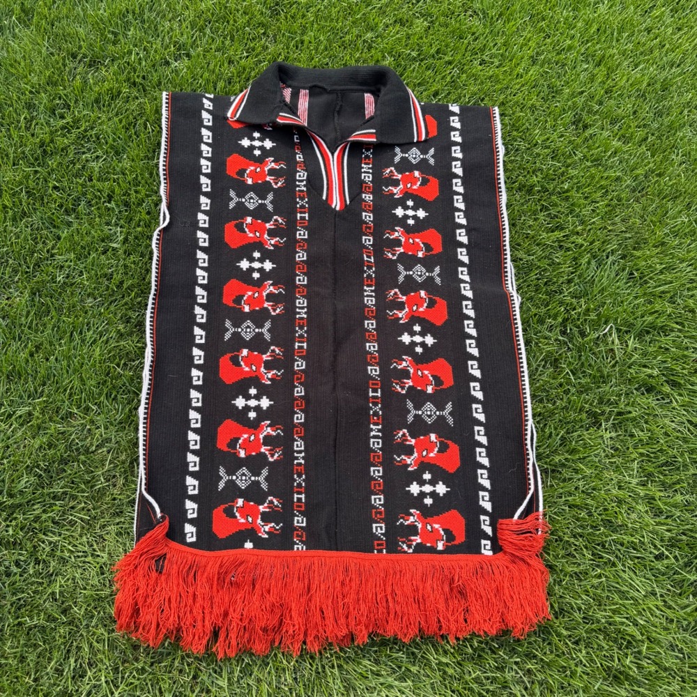 A+ Vintage Mexican Poncho Men Black Red Deer Aztec Tribal Fringe Collared Cape